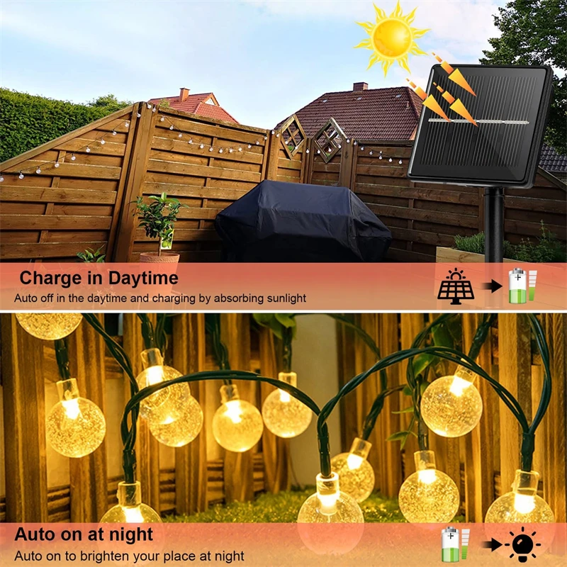 Updated Solar String Lights Outdoor Waterproof 60LED 8 Modes Crystal Globe Christmas Lights for Garden Lawn Porch Decor Camping
