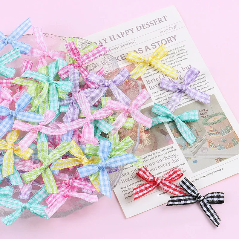 50Pcs/Lot Mini Plaid Stain Ribbon Bow Checkered Gingham Bow For DIY Sewing Crafts Wedding Decoration Hairpin Garment Accessories