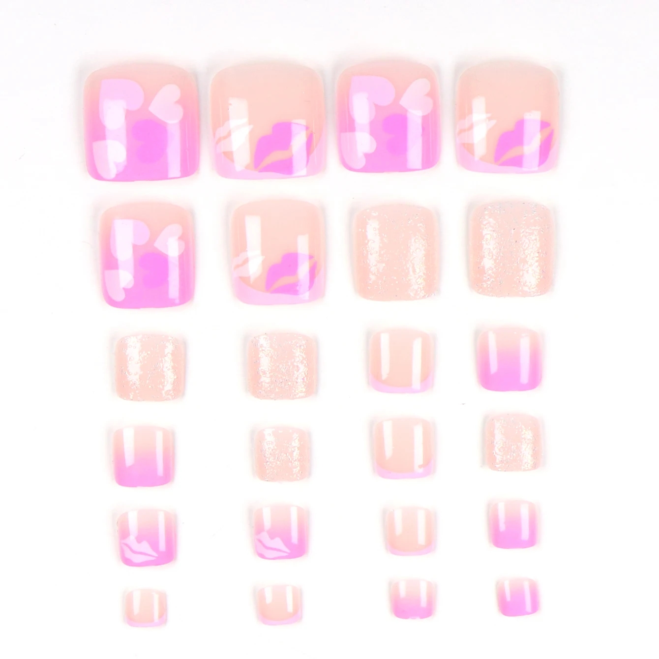 24pcs French Fake Toenails Pink Gradient Full Cover Short Square Toe Nails Foot Nails Tips for Women Girls