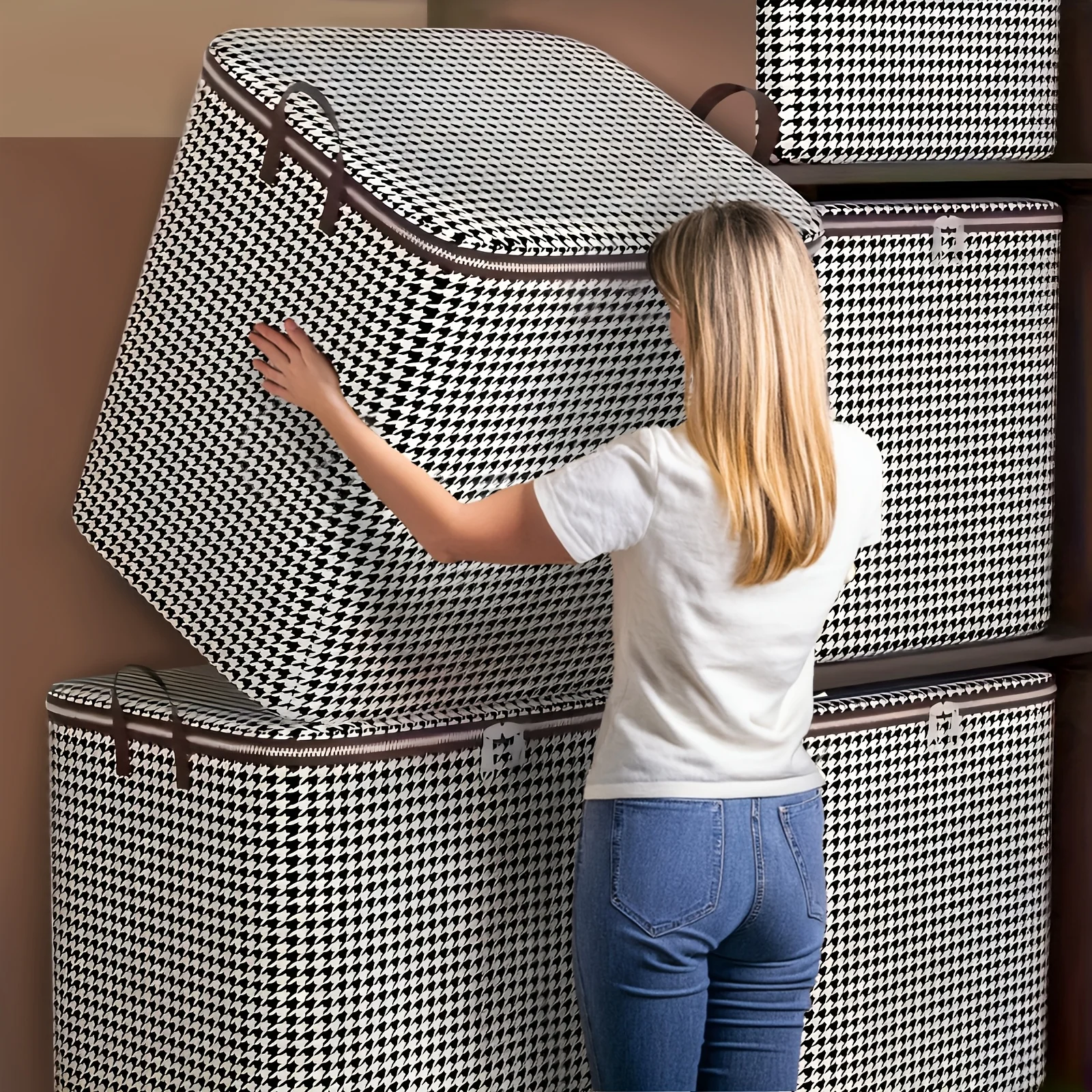 Houndstooth Storage Bag Large Capacity Folding Clothes Portable Wardrobe Sorting Clothes Storage Box With Handle For Bedding