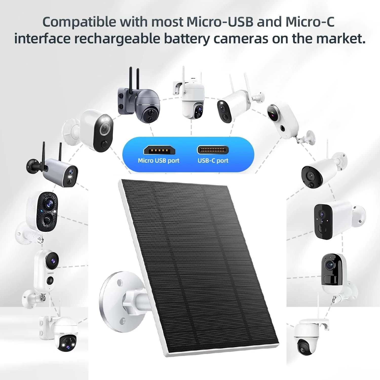 10W 6V Outdoor Portable Solar Panel Charger Waterproof 6.7ft Cord 2-in-1 Micro USB Type-C for Security Camera USB Powered Device