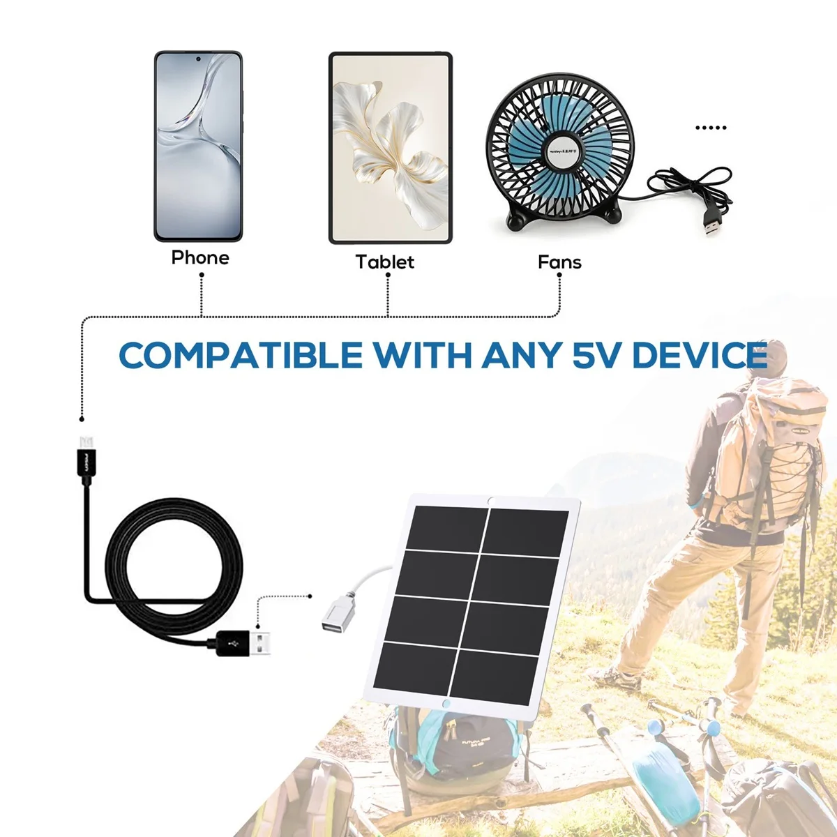 10W 6V Outdoor Portable Solar Panel Charger Waterproof 6.7ft Cord 2-in-1 Micro USB Type-C for Security Camera USB Powered Device