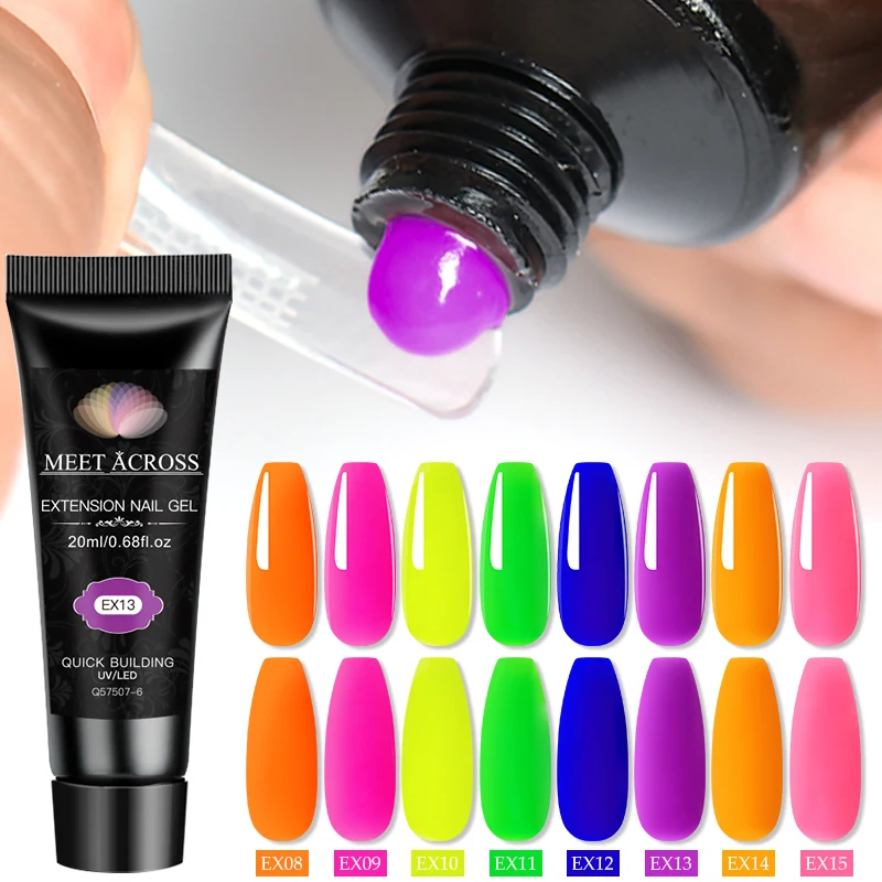 MEET ACROSS 20ml Fluorescent Extension Nail Gel Bright Pink Blue Purple UV Hard Gel Nails Finger Prolong Neon Buliding Gel