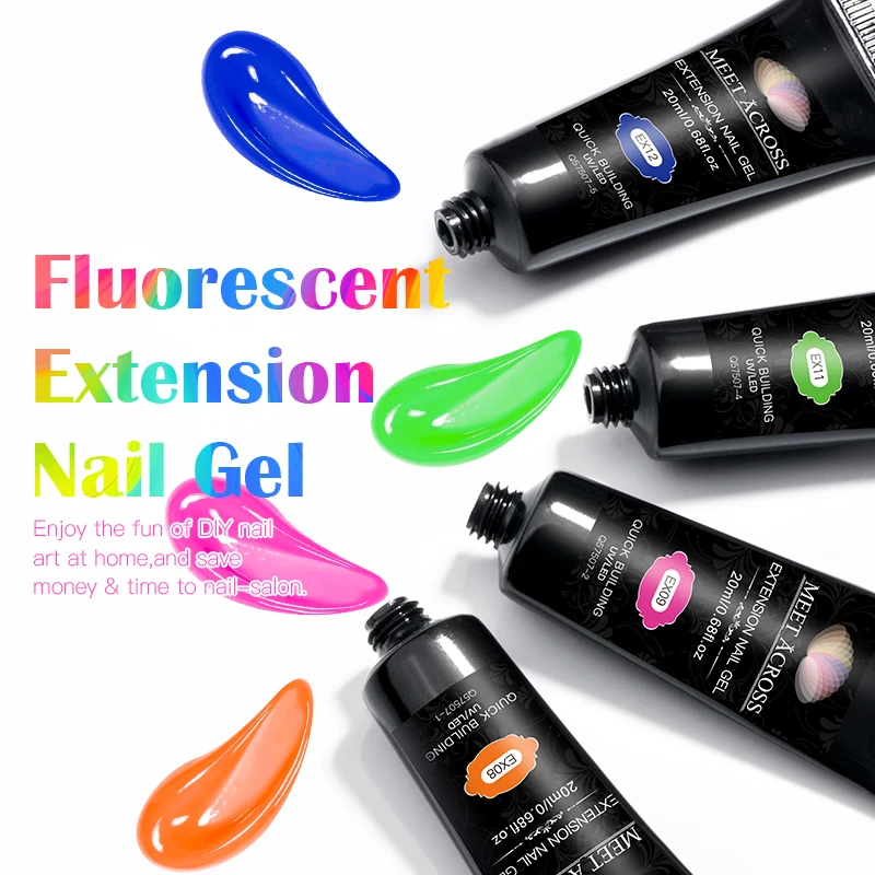 MEET ACROSS 20ml Fluorescent Extension Nail Gel Bright Pink Blue Purple UV Hard Gel Nails Finger Prolong Neon Buliding Gel
