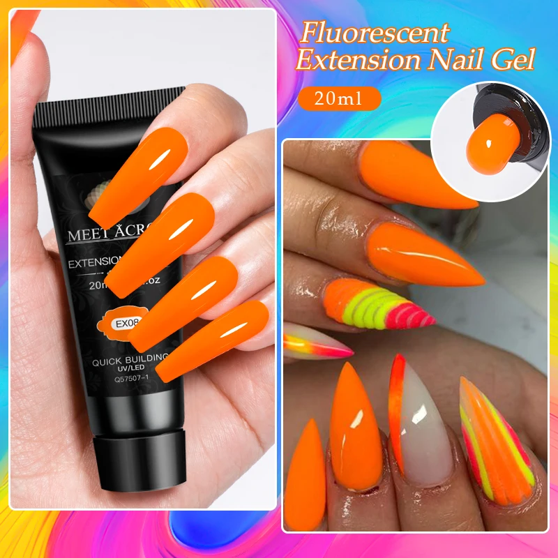 MEET ACROSS 20ml Fluorescent Extension Nail Gel Bright Pink Blue Purple UV Hard Gel Nails Finger Prolong Neon Buliding Gel