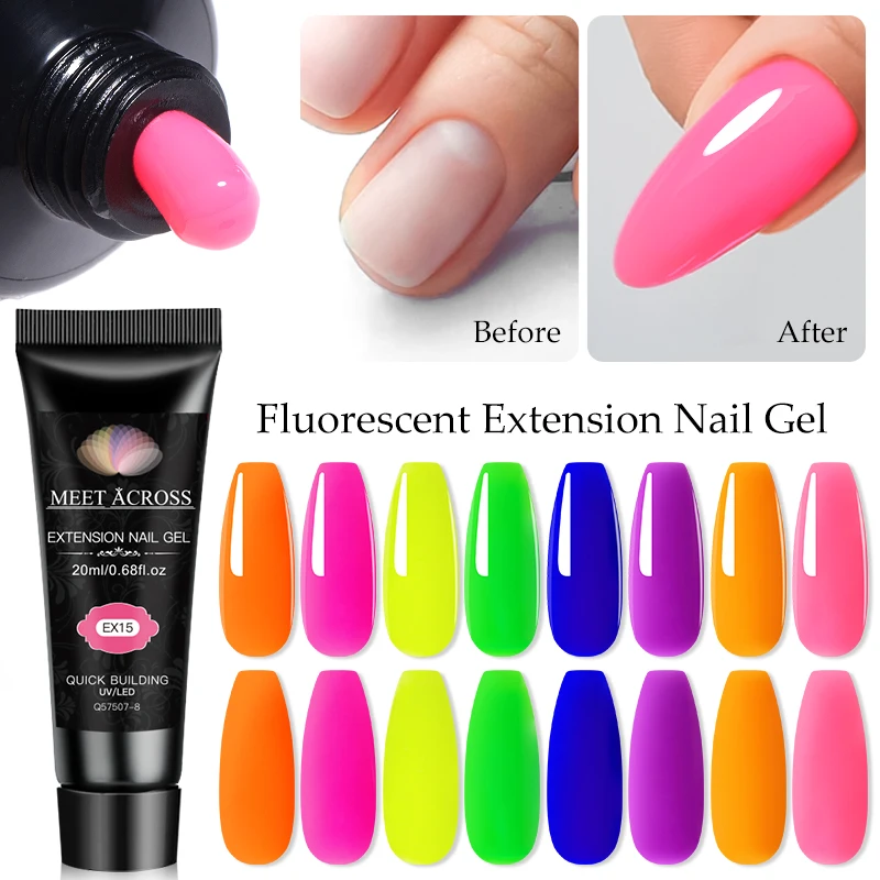MEET ACROSS 20ml Fluorescent Extension Nail Gel Bright Pink Blue Purple UV Hard Gel Nails Finger Prolong Neon Buliding Gel