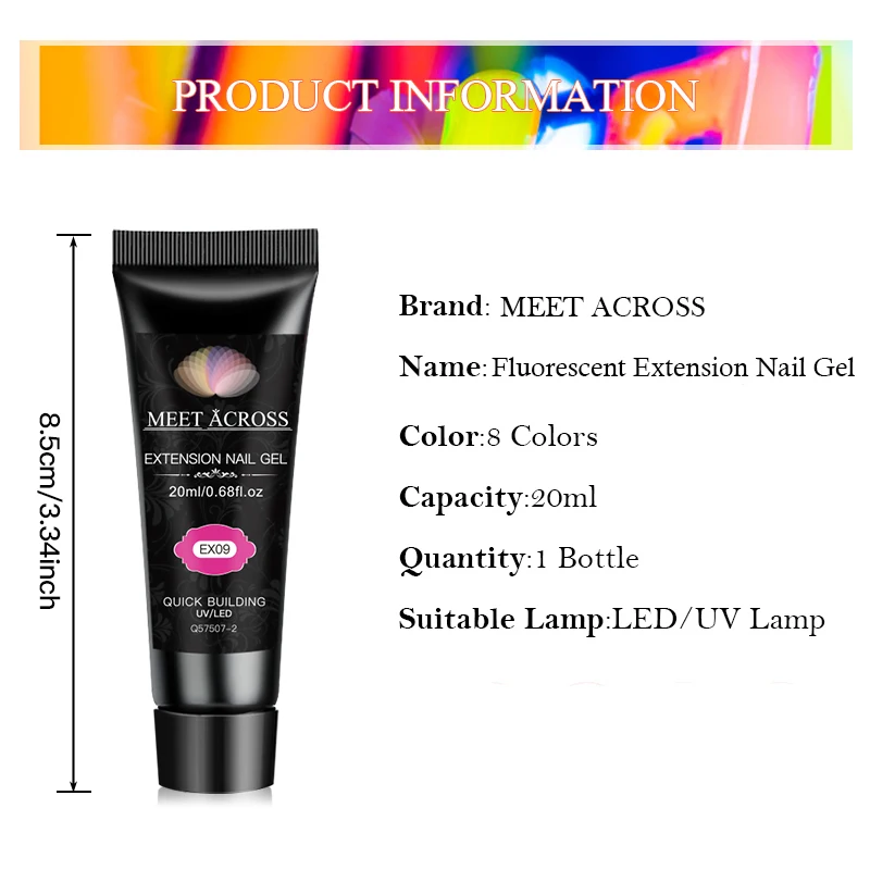 MEET ACROSS 20ml Fluorescent Extension Nail Gel Bright Pink Blue Purple UV Hard Gel Nails Finger Prolong Neon Buliding Gel