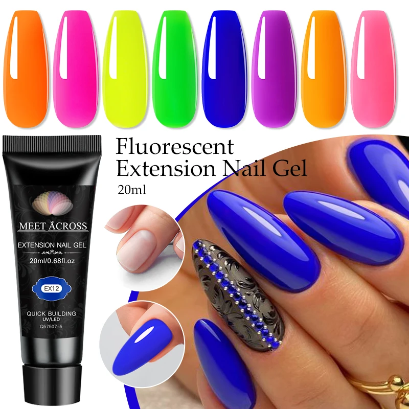 MEET ACROSS 20ml Fluorescent Extension Nail Gel Bright Pink Blue Purple UV Hard Gel Nails Finger Prolong Neon Buliding Gel