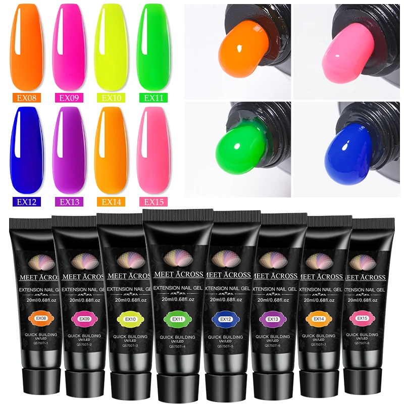 MEET ACROSS 20ml Fluorescent Extension Nail Gel Bright Pink Blue Purple UV Hard Gel Nails Finger Prolong Neon Buliding Gel