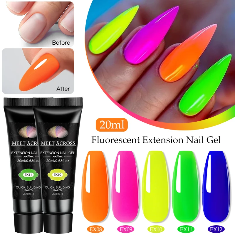 MEET ACROSS 20ml Fluorescent Extension Nail Gel Bright Pink Blue Purple UV Hard Gel Nails Finger Prolong Neon Buliding Gel