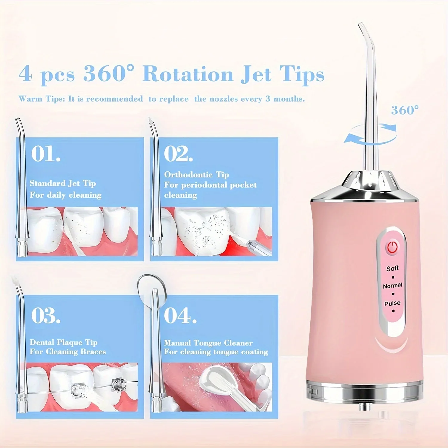 4-Pack GentleCare Water Flosser Tips - Easy-to-Attach, Durable Plastic Nozzles for a Hygienic Clean, Convenient Replacement
