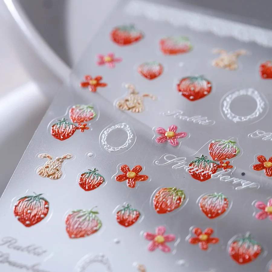 Lovely Red Fruit Strawberry Cherry Bowknot Love Heart Star Silk Ribbon 5D Nail Art Stickers Chic Self Adhesive Manicure Decal