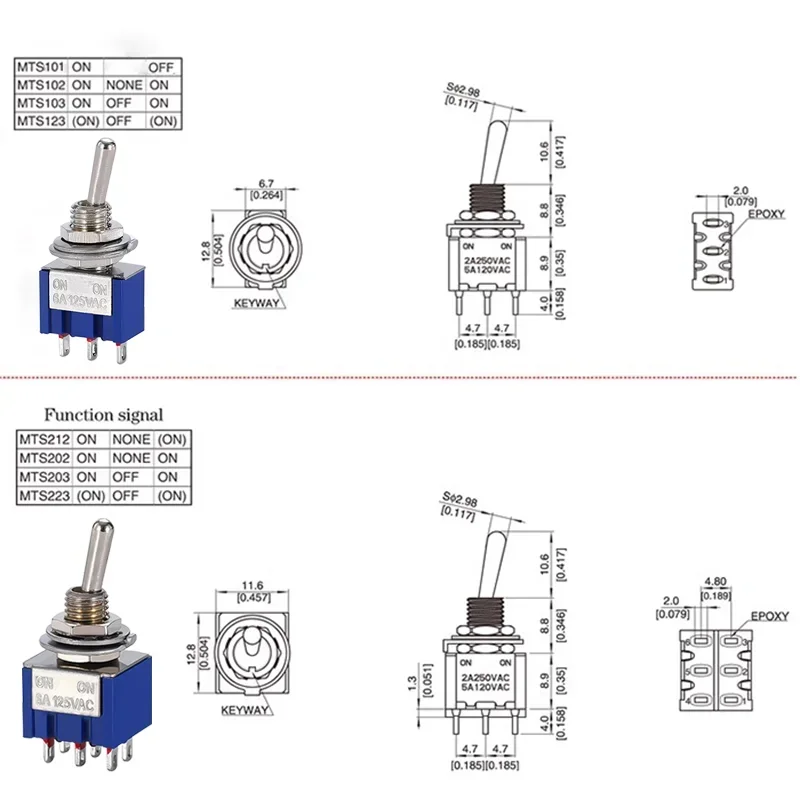 10pcs ON-OFF-ON / ON-ON Miniature Toggle Switches Mini MTS-102 103 202 203 Power Button Switch 3pin 6pin