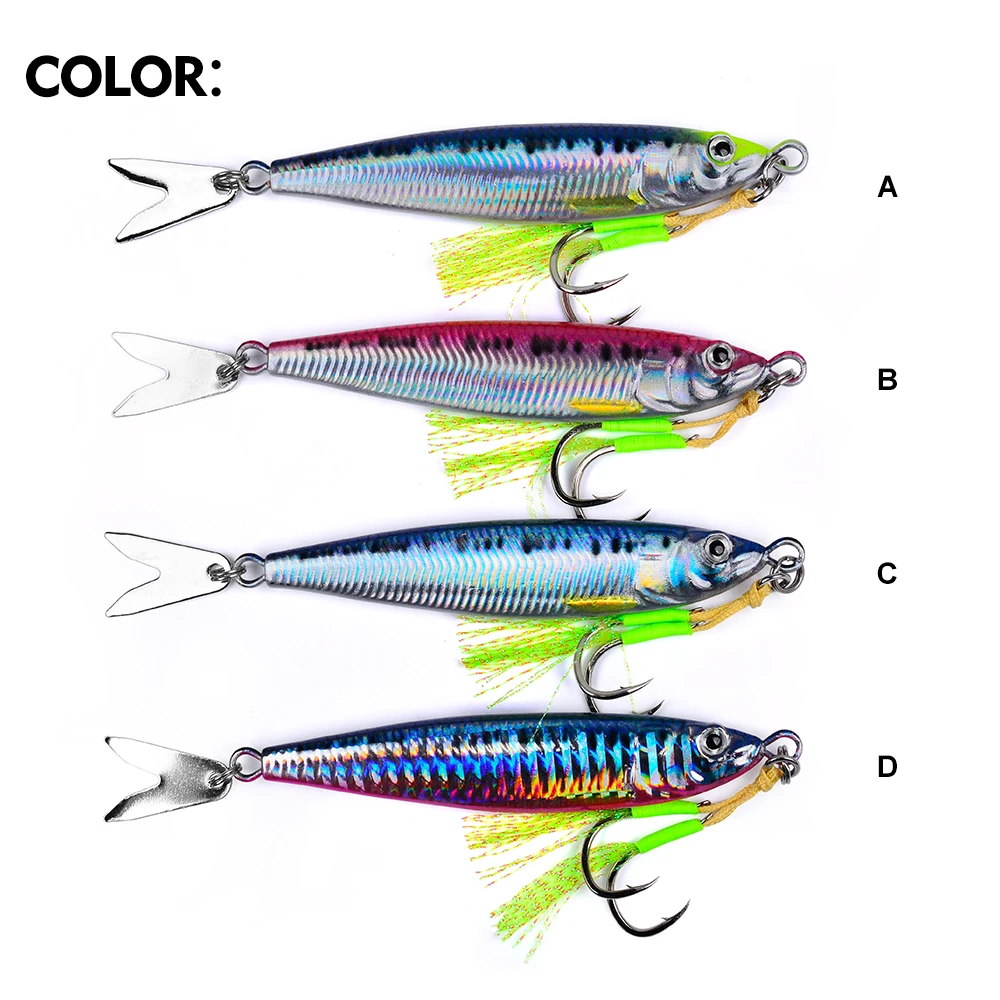 PROBEROS 1/4 PCS Slow Sinking Metal Jig Fishing Lures - 3D Printed Hard Bait with Treble Hooks & Willow Blades