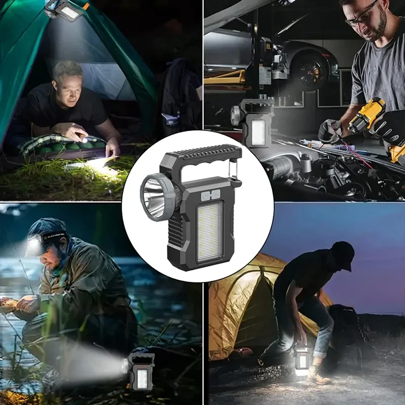 Solar Portable Powerful Rechargeable Flashlight Searchlight With COB Work Light Lantern Outdoor Camping Lamp Hiking Fishing Emer