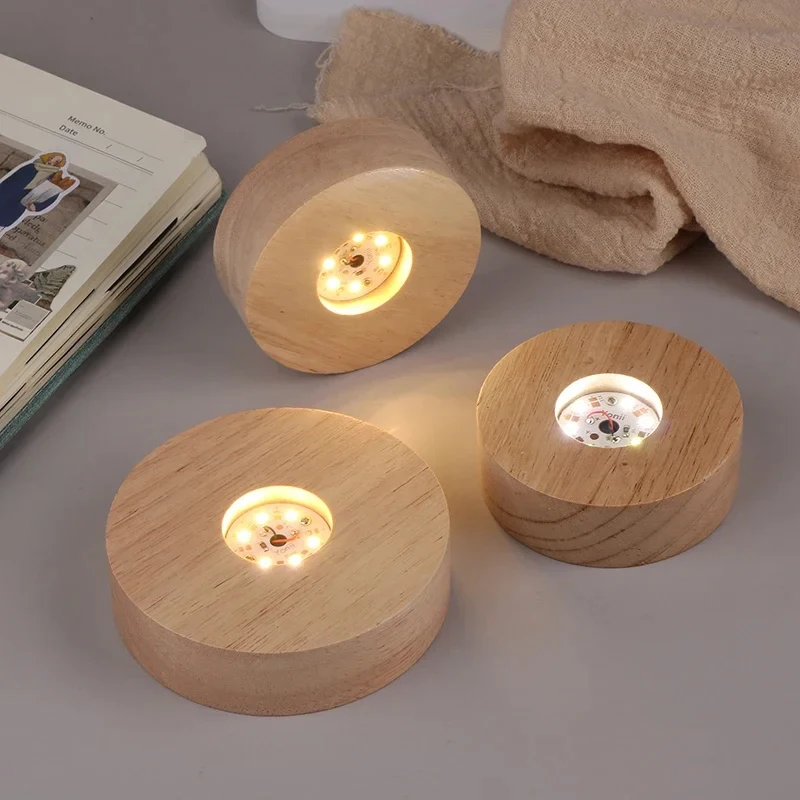 Battery Operated 8/10cm Round Wooden LED Light Dispaly Base Stand Holder able Night Lamp Base Crystal Glass Resin Art Ornaments
