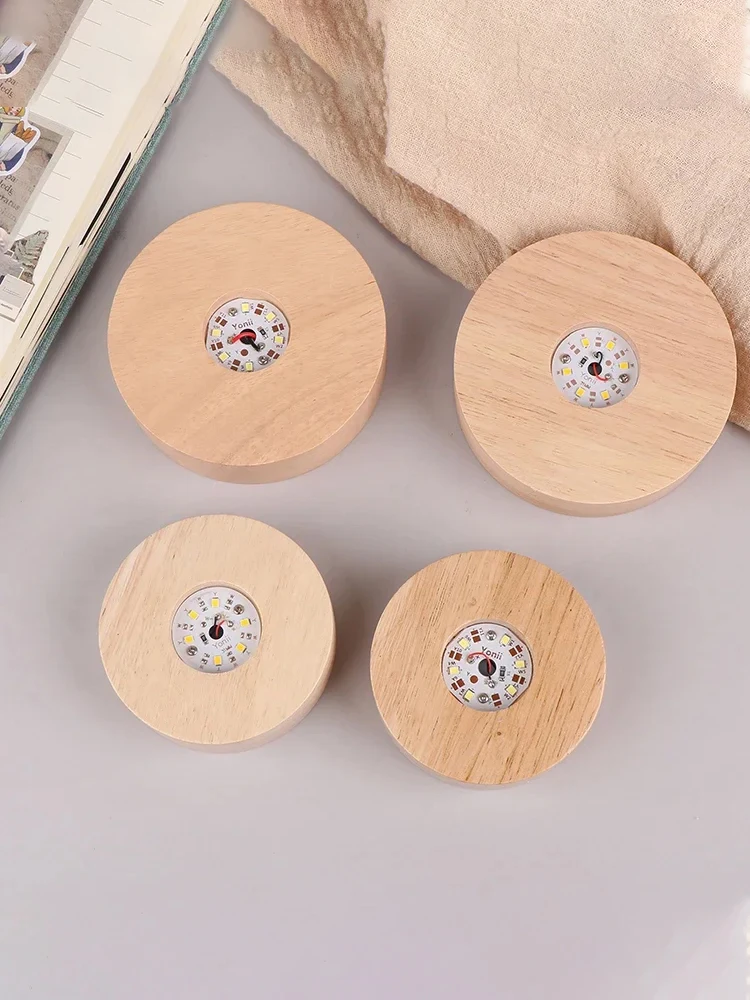 Battery Operated 8/10cm Round Wooden LED Light Dispaly Base Stand Holder able Night Lamp Base Crystal Glass Resin Art Ornaments