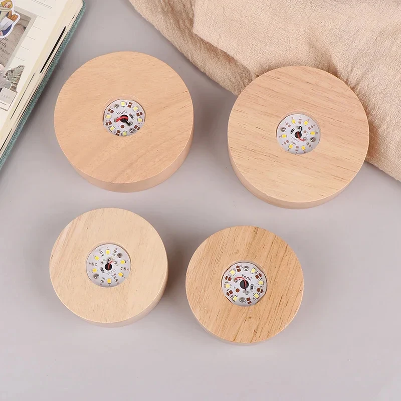Battery Operated 8/10cm Round Wooden LED Light Dispaly Base Stand Holder able Night Lamp Base Crystal Glass Resin Art Ornaments