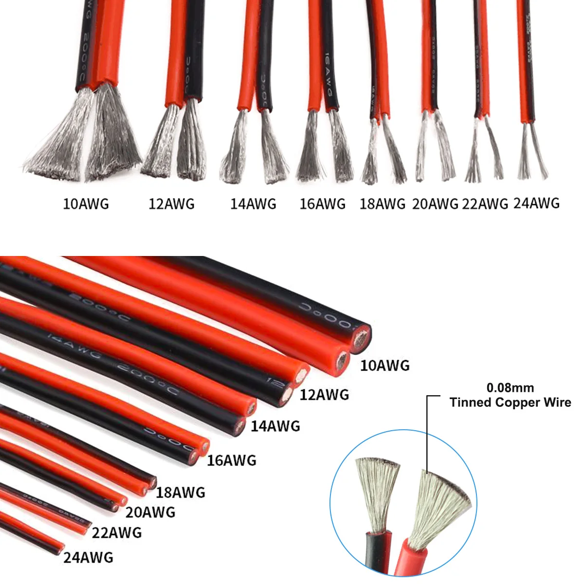 8-10-12-14-16-18-20-22-24-26-28-30 Gauge Electrical Wire 5meter 2 Conductors Parallel Wire Red Black Silicone Tinned Copper Wire