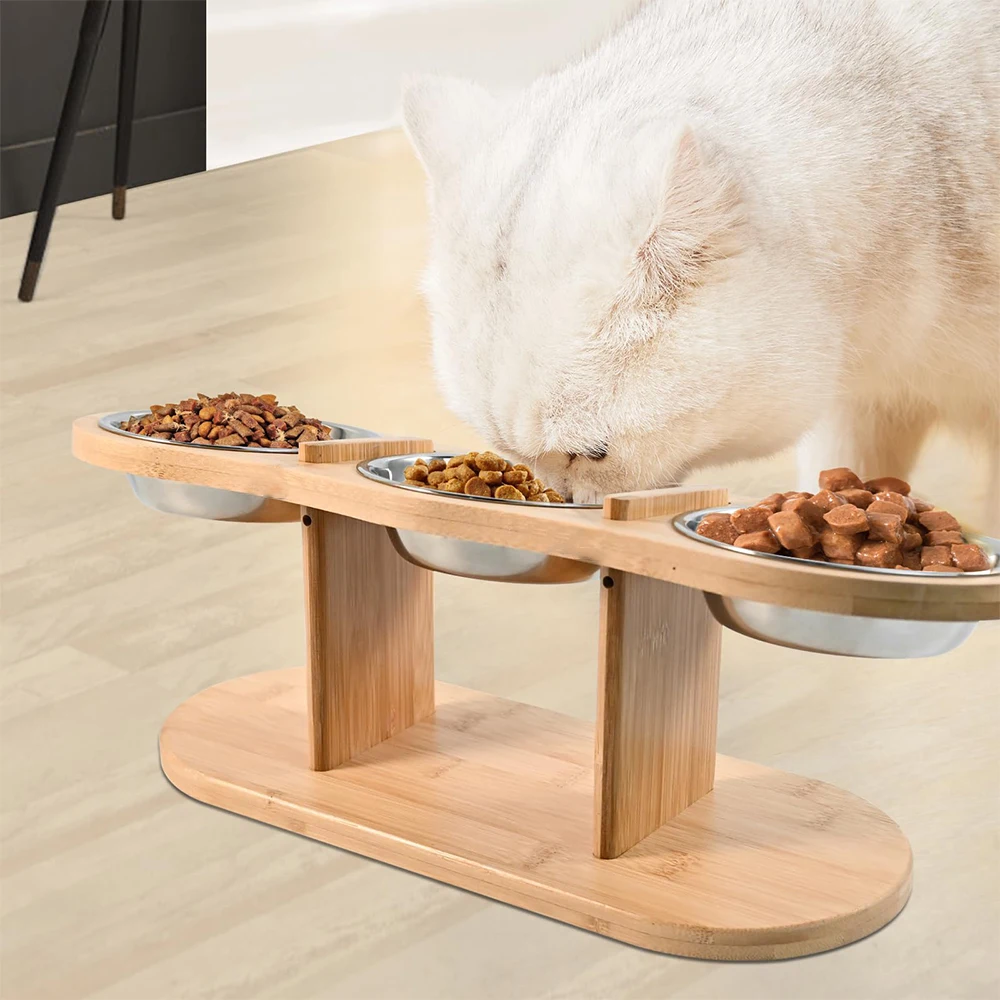 Raised Cat Feeder 3 Bowls in 1 Feeding & Watering Supplies 15° Raised Puppy 3 Stainless Steel Bowls Wood Stand Cats Accessories
