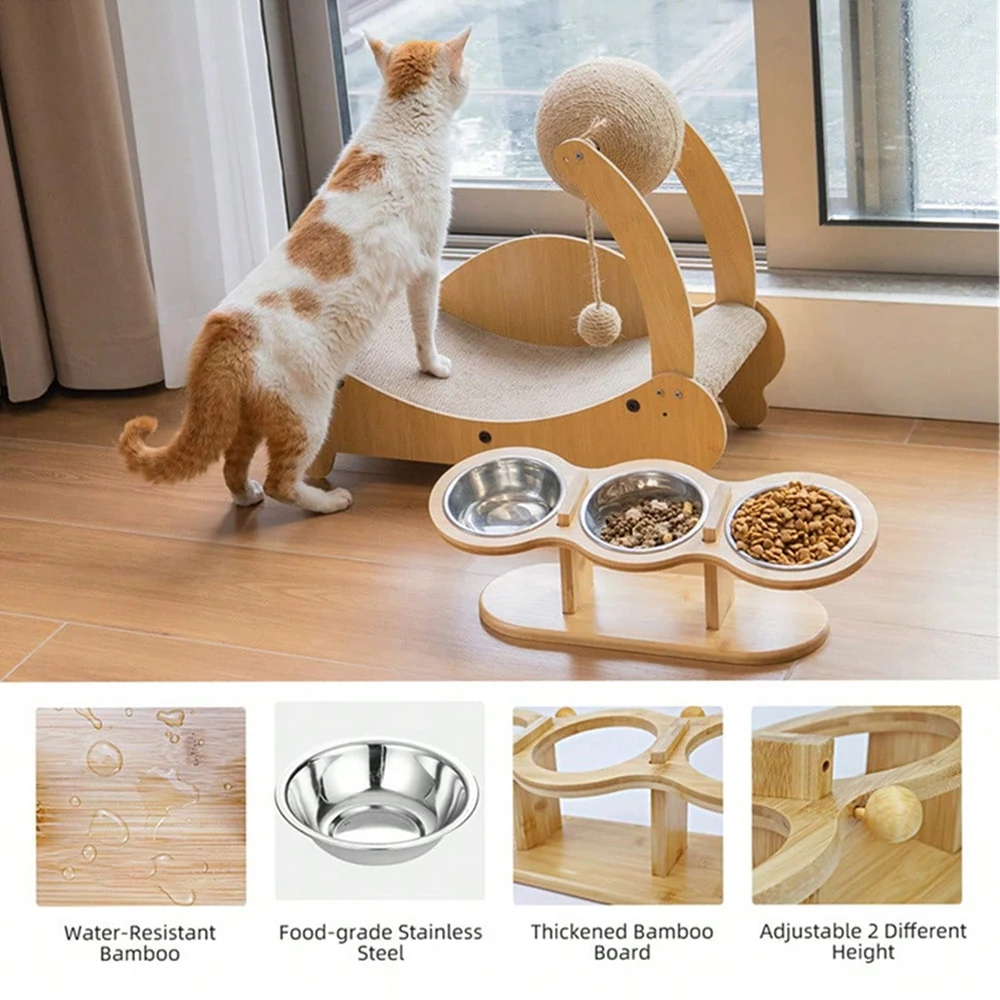 Raised Cat Feeder 3 Bowls in 1 Feeding & Watering Supplies 15° Raised Puppy 3 Stainless Steel Bowls Wood Stand Cats Accessories
