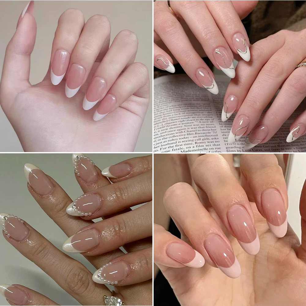 120Pcs Medium French Almond Press on nails White Edge False Nail Extensions Full Cover Acrylic Wearable Stiletto Fake Nail Tips