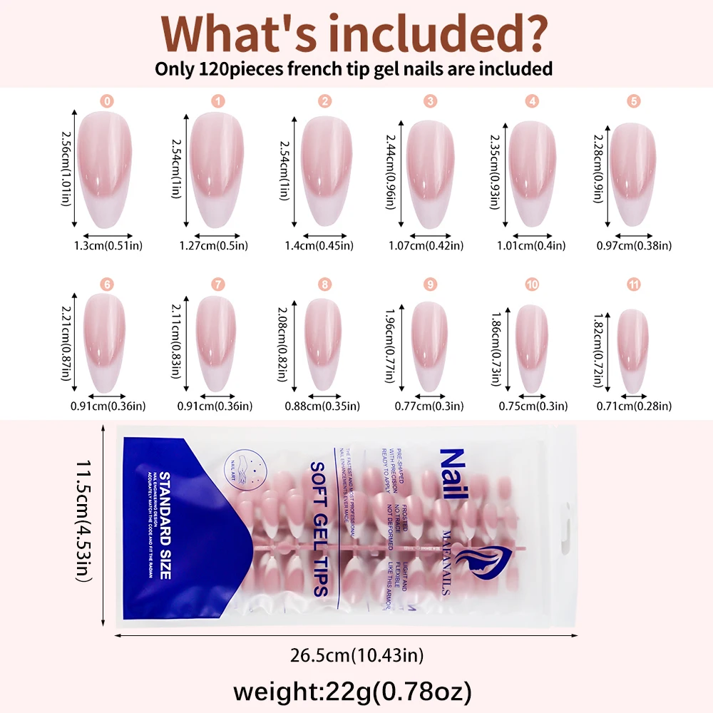 120Pcs Medium French Almond Press on nails White Edge False Nail Extensions Full Cover Acrylic Wearable Stiletto Fake Nail Tips