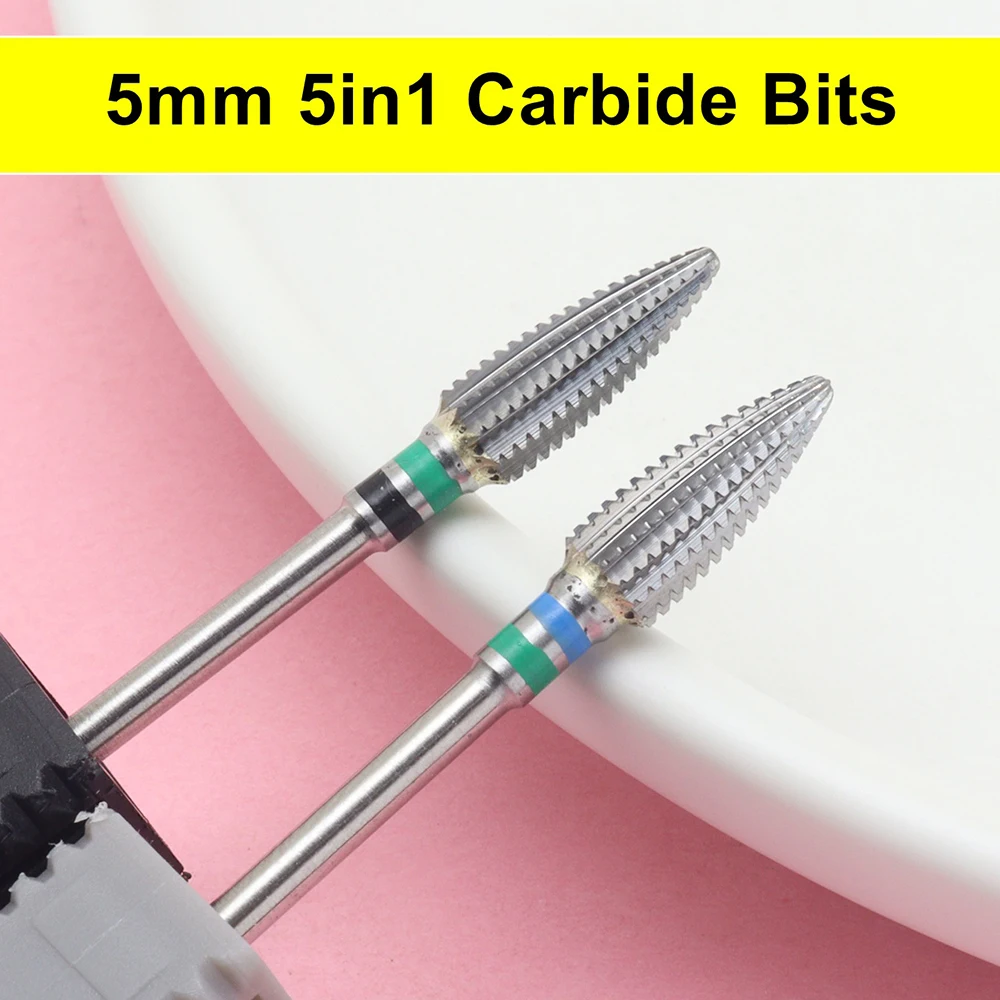 1Pcs 5MM Mini 5in1 Nail Drill Bits,3/32" Tungsten Carbide Cuticle Drill Bits,Two Way Rotate For Nail Bed File Dead Skin Nail Pre