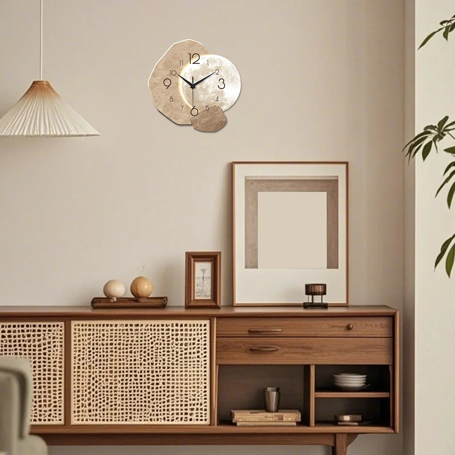 Modern Simple Silent Wall Clock, Moon Design - Quartz Movement, Wooden Material, for Bedroom, Living Room or Office Decoration