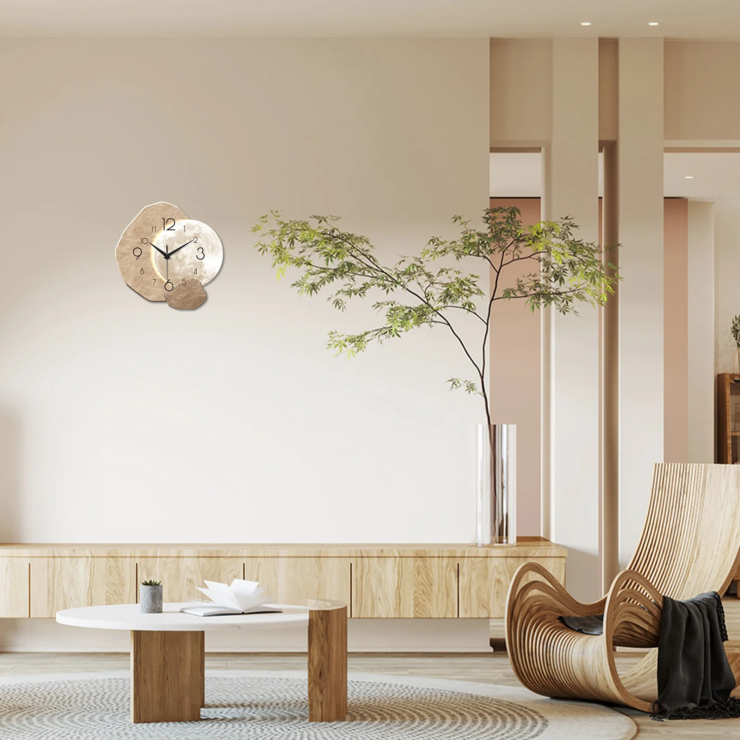 Modern Simple Silent Wall Clock, Moon Design - Quartz Movement, Wooden Material, for Bedroom, Living Room or Office Decoration