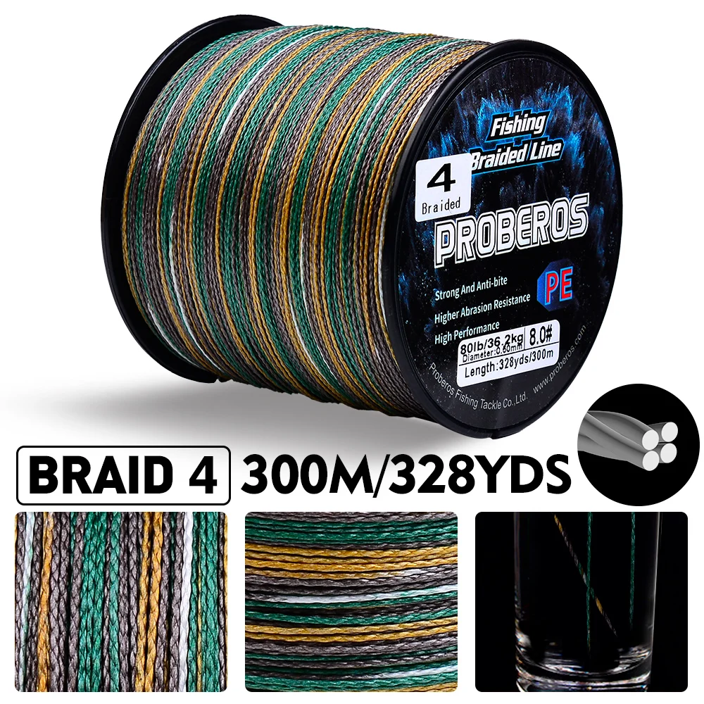 PROBEROS 300M 4 Strands Braided Multifilament Fishing Line Durable Long Casting Bass Carp Freshwater Saltwater Fishing Wholesale