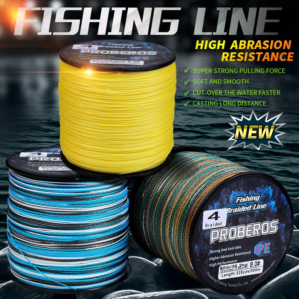 PROBEROS 300M 4 Strands Braided Multifilament Fishing Line Durable Long Casting Bass Carp Freshwater Saltwater Fishing Wholesale