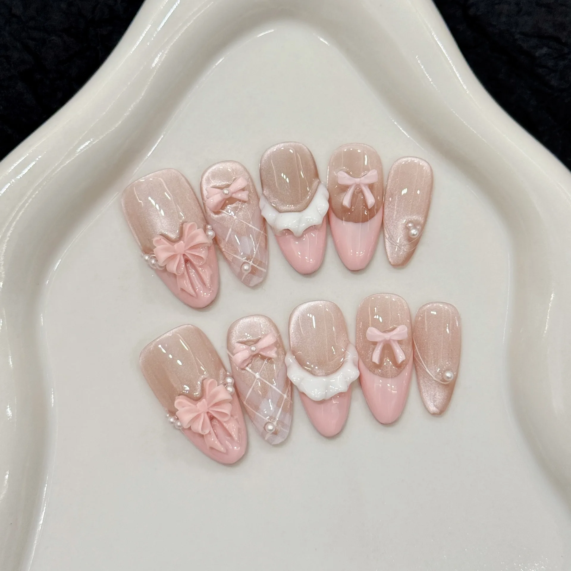 10pcs Handmade Press on Nails French Cat Eye Pink Bow Decor Korean False Nails Wearable Full Cover Ins Almond False Nail Tips