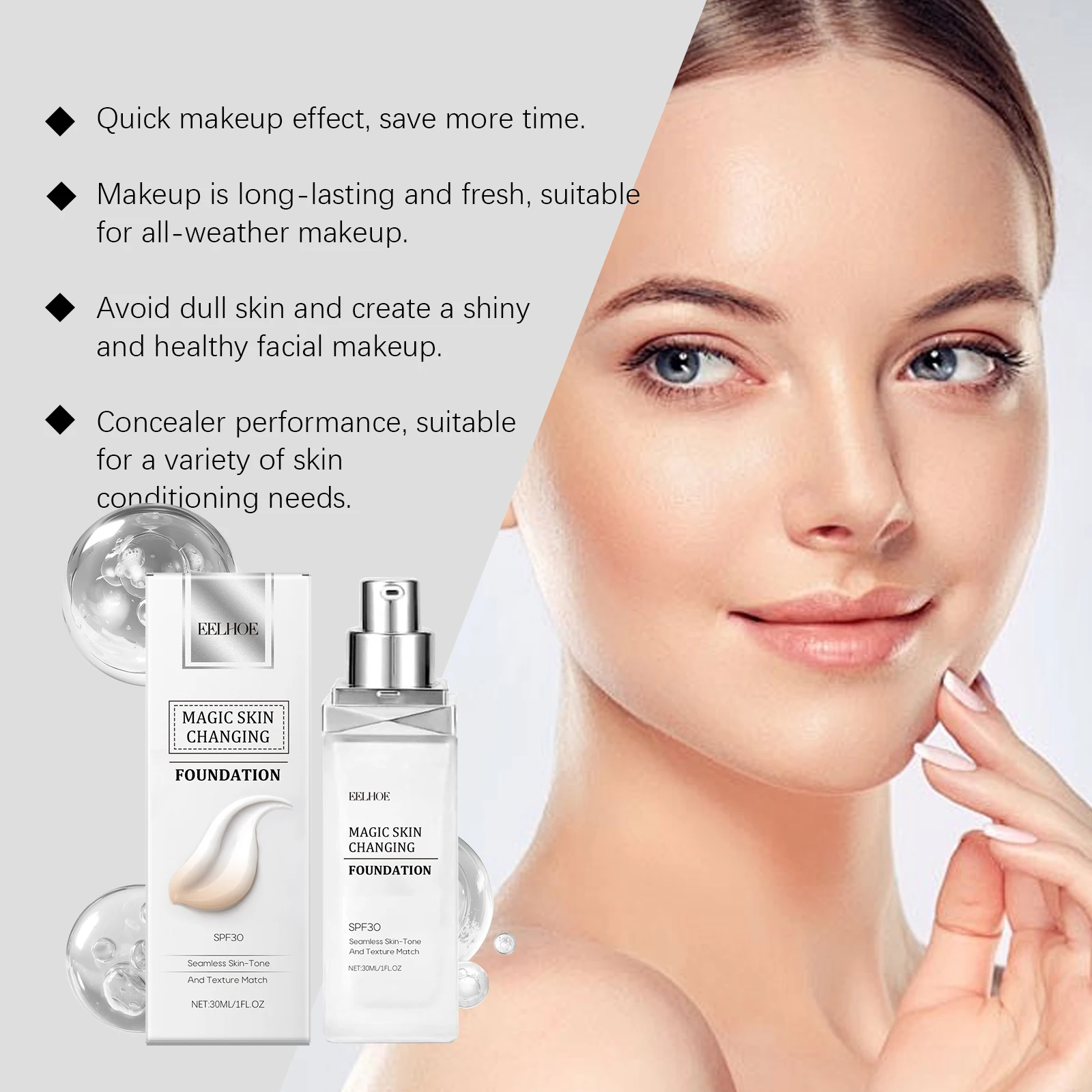 Color Changing Foundation Hyaluronic Acid Waterproof Oil Control High Coverage Makeup Base Magic Covering Foundation Liquid 30ml