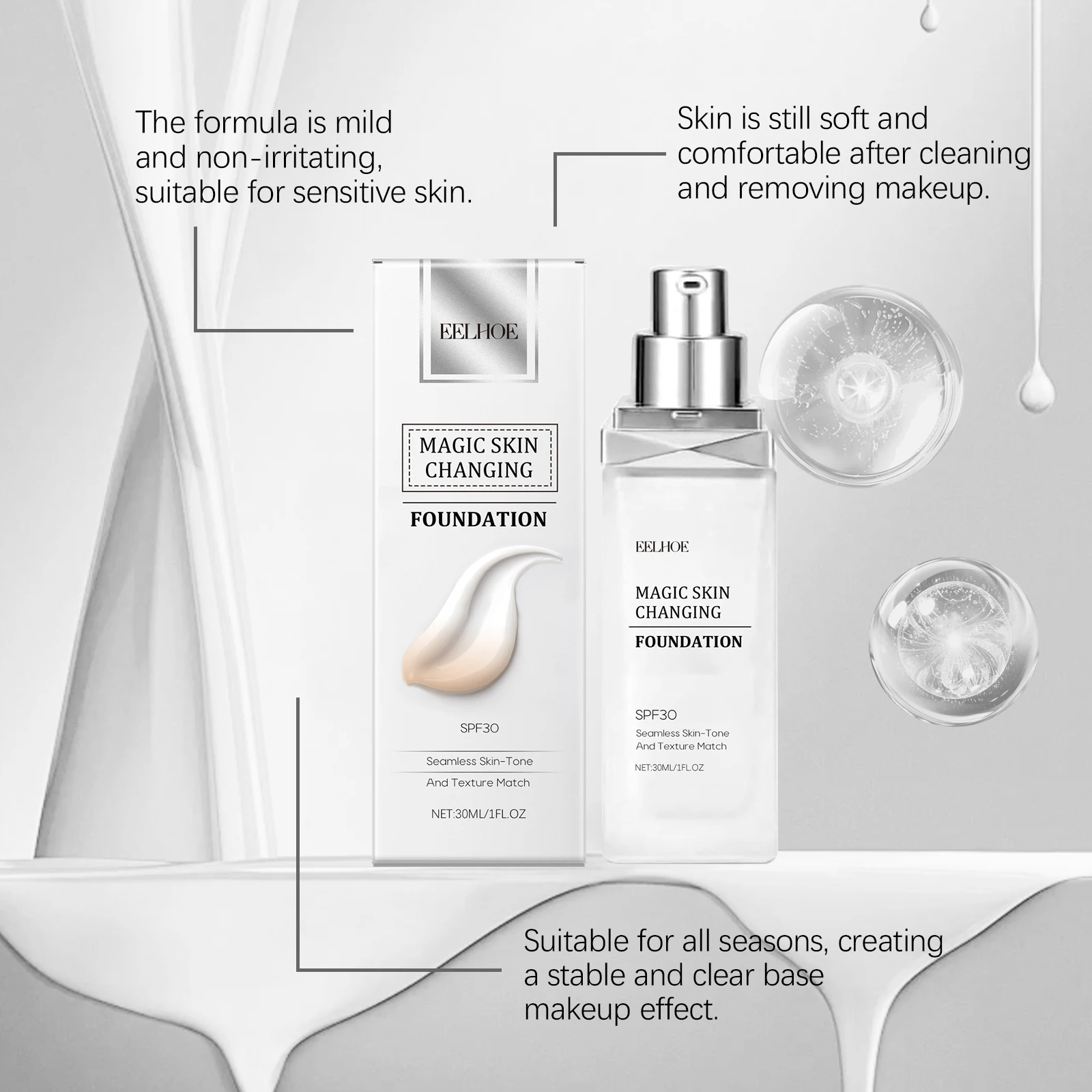 Color Changing Foundation Hyaluronic Acid Waterproof Oil Control High Coverage Makeup Base Magic Covering Foundation Liquid 30ml