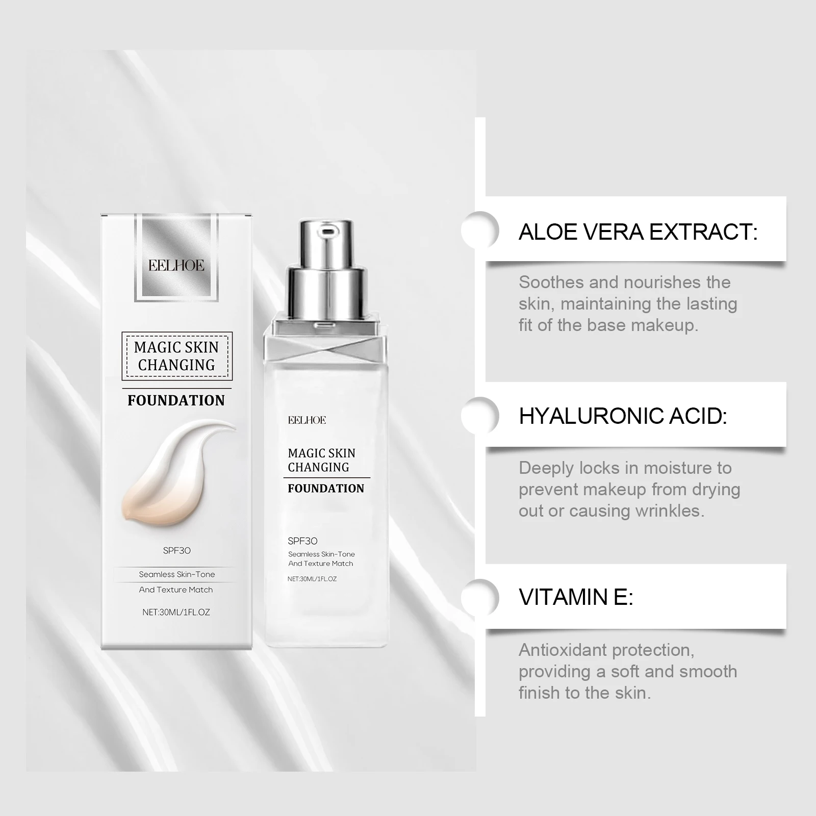 Color Changing Foundation Hyaluronic Acid Waterproof Oil Control High Coverage Makeup Base Magic Covering Foundation Liquid 30ml