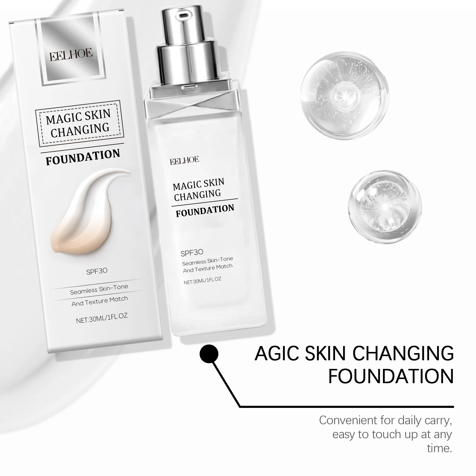 Color Changing Foundation Hyaluronic Acid Waterproof Oil Control High Coverage Makeup Base Magic Covering Foundation Liquid 30ml