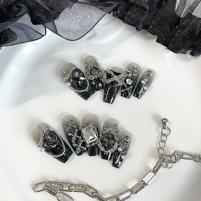 10 Pieces of Handmade Coffin Shaped Nails, Beautiful Fake Nails, Dark Gothic Nail Art, Cool Metal Decoration, Suitable for Women