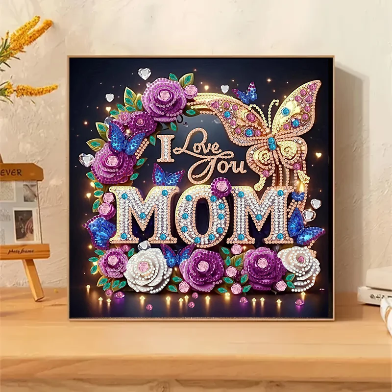 DIY Diamond Painting Kit, "I Love Your Mother" - a blooming crystal like flower with unique irregular and circular diamonds, acr