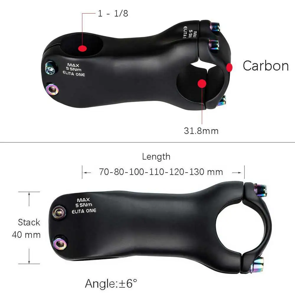 Elitaone Carbon Bicycle Stem 6 Degree 31.8mm MTB Road Bike Handlebar Compatible 70-130mm Length for Enhanced Cycling Experienc