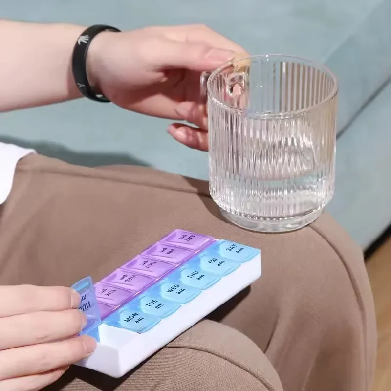 Pill Box Case 7 Day Weekly Medicine Storage Box Double Row 14grid Tablte Dispenser Organizer Open Lid First-Aid Kit Container