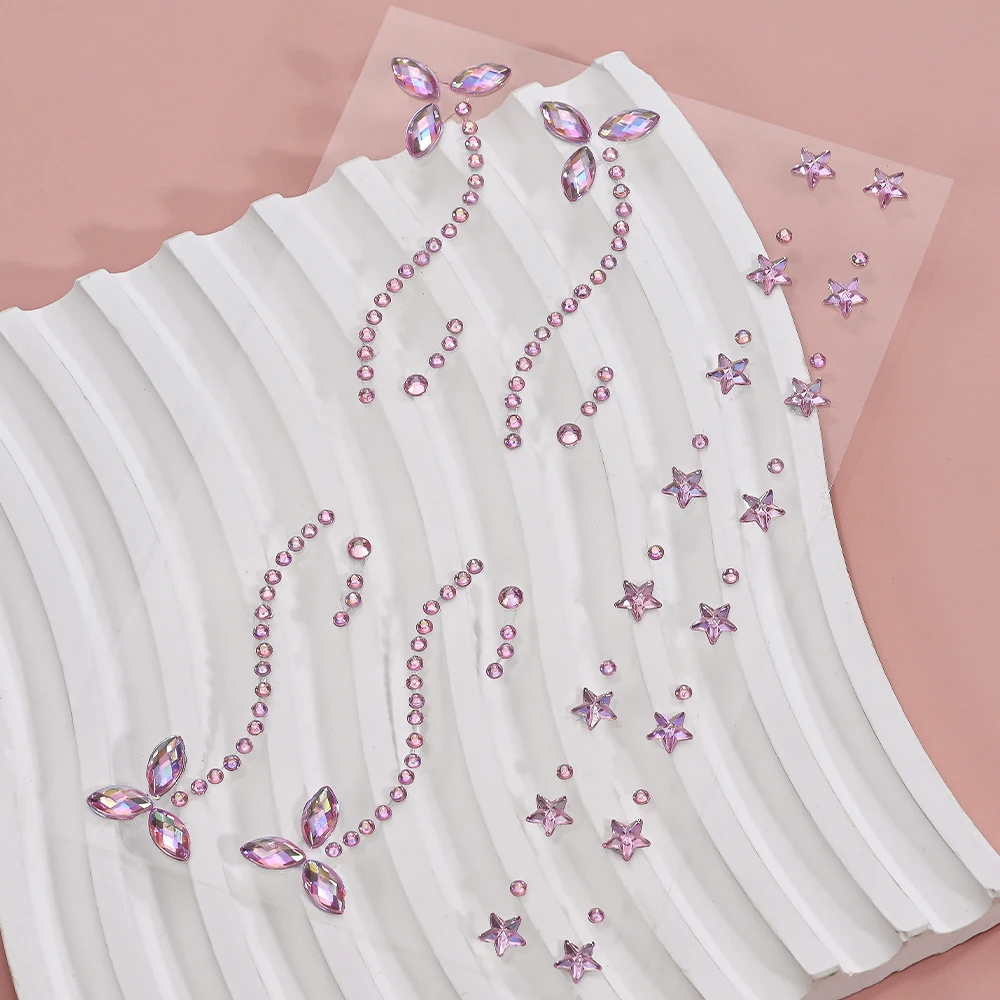 1Sheet Pink Faux Gemstone Facial Sticker Star & Flower Shaped for Makeup and Decoration Y2K Party Music Festival Gift For Girls*