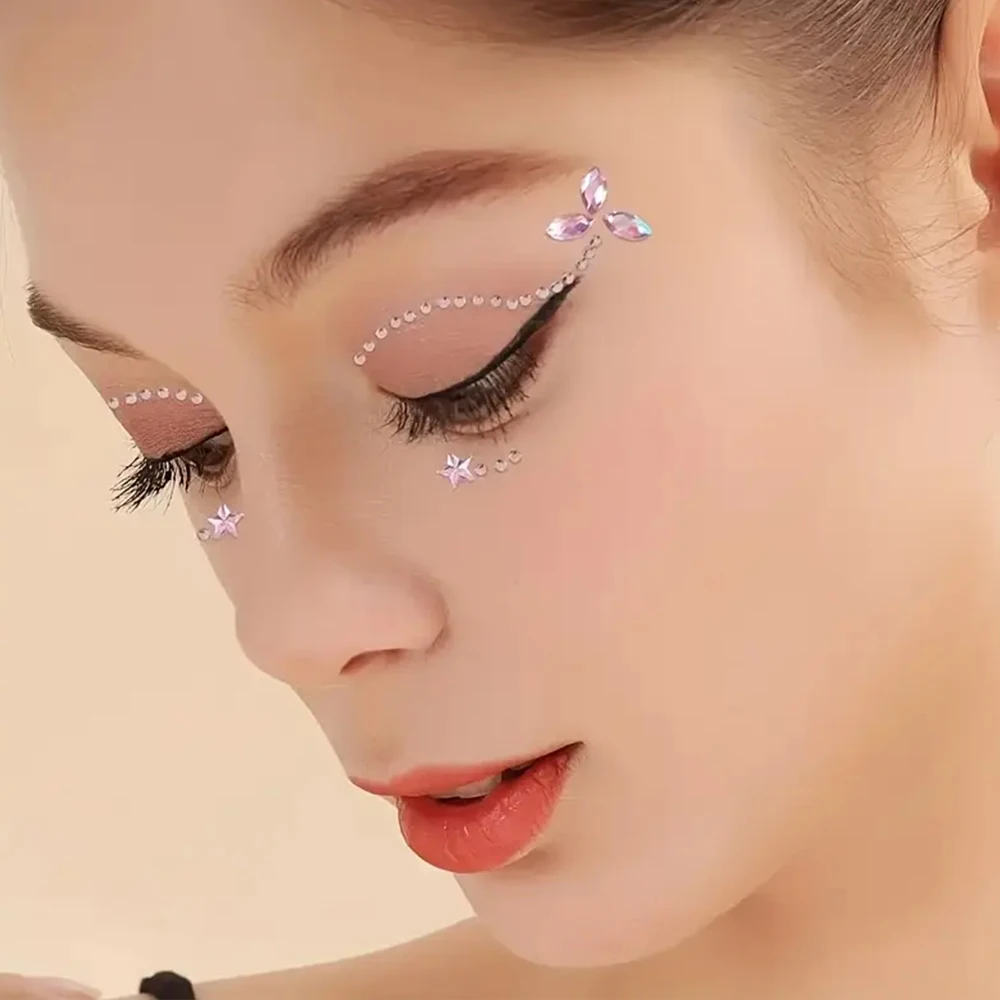 1Sheet Pink Faux Gemstone Facial Sticker Star & Flower Shaped for Makeup and Decoration Y2K Party Music Festival Gift For Girls*