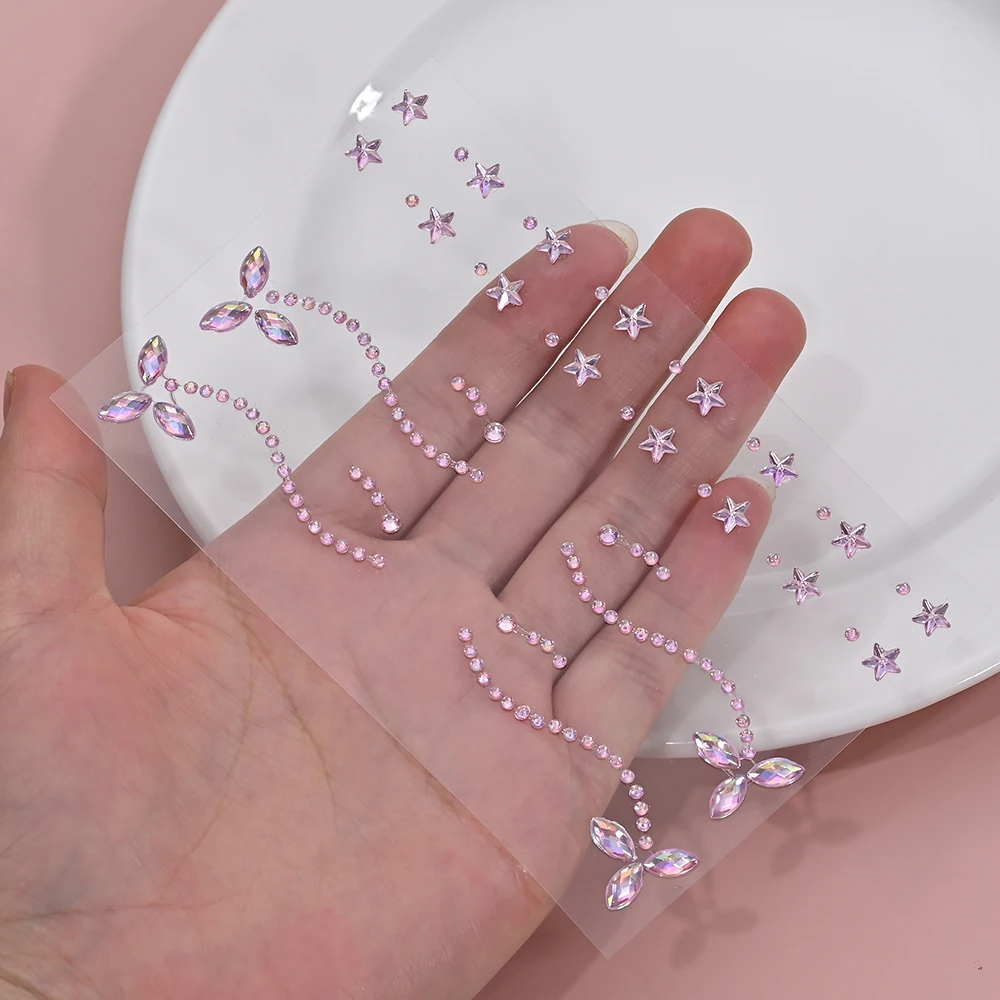 1Sheet Pink Faux Gemstone Facial Sticker Star & Flower Shaped for Makeup and Decoration Y2K Party Music Festival Gift For Girls*