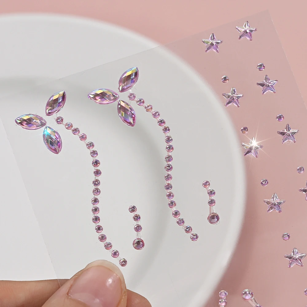 1Sheet Pink Faux Gemstone Facial Sticker Star & Flower Shaped for Makeup and Decoration Y2K Party Music Festival Gift For Girls*