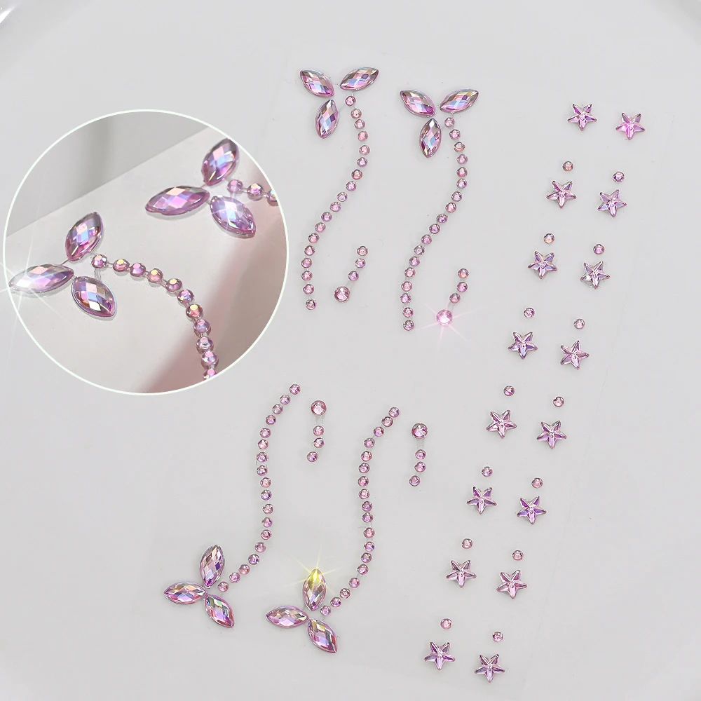 1Sheet Pink Faux Gemstone Facial Sticker Star & Flower Shaped for Makeup and Decoration Y2K Party Music Festival Gift For Girls*