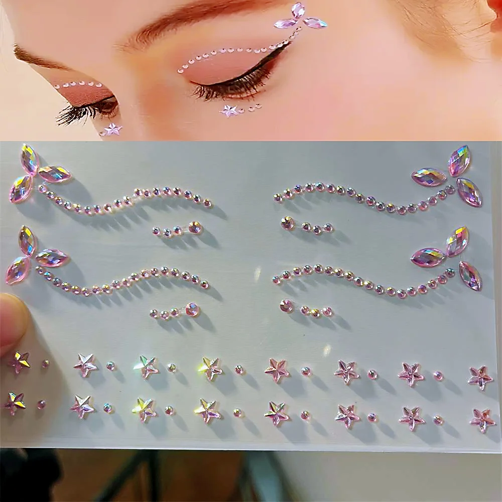 1Sheet Pink Faux Gemstone Facial Sticker Star & Flower Shaped for Makeup and Decoration Y2K Party Music Festival Gift For Girls*