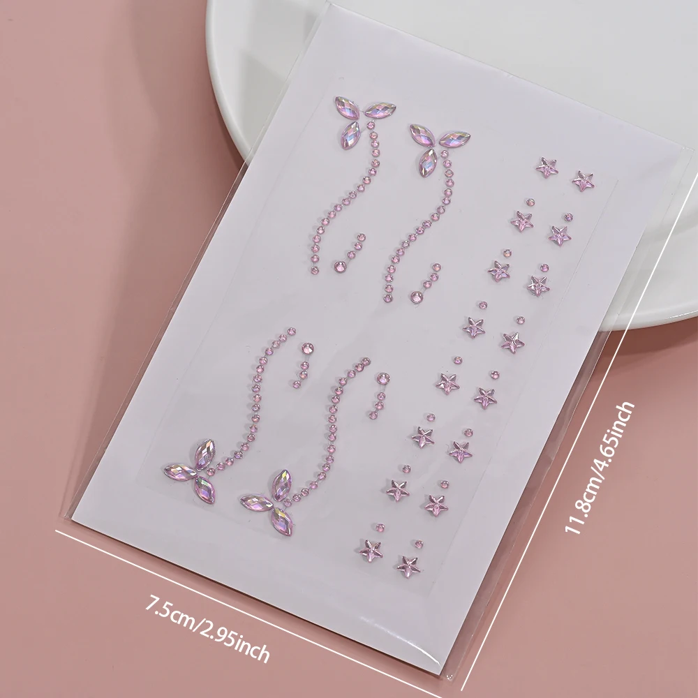1Sheet Pink Faux Gemstone Facial Sticker Star & Flower Shaped for Makeup and Decoration Y2K Party Music Festival Gift For Girls*
