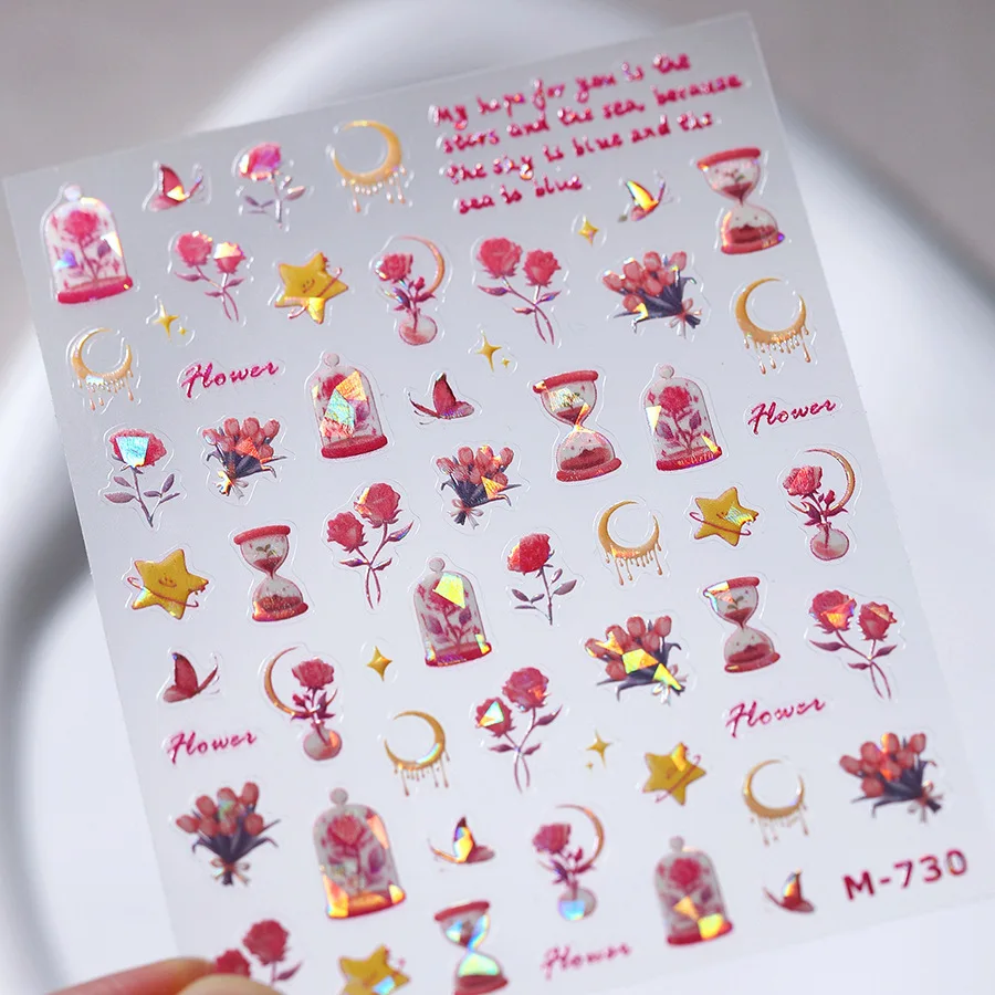 Colorful Floral Nail Art Sticker Summer Garden Motifs Juicy Flower Petals Dimensional Botanical Patterns Adhesive Manicure Decal