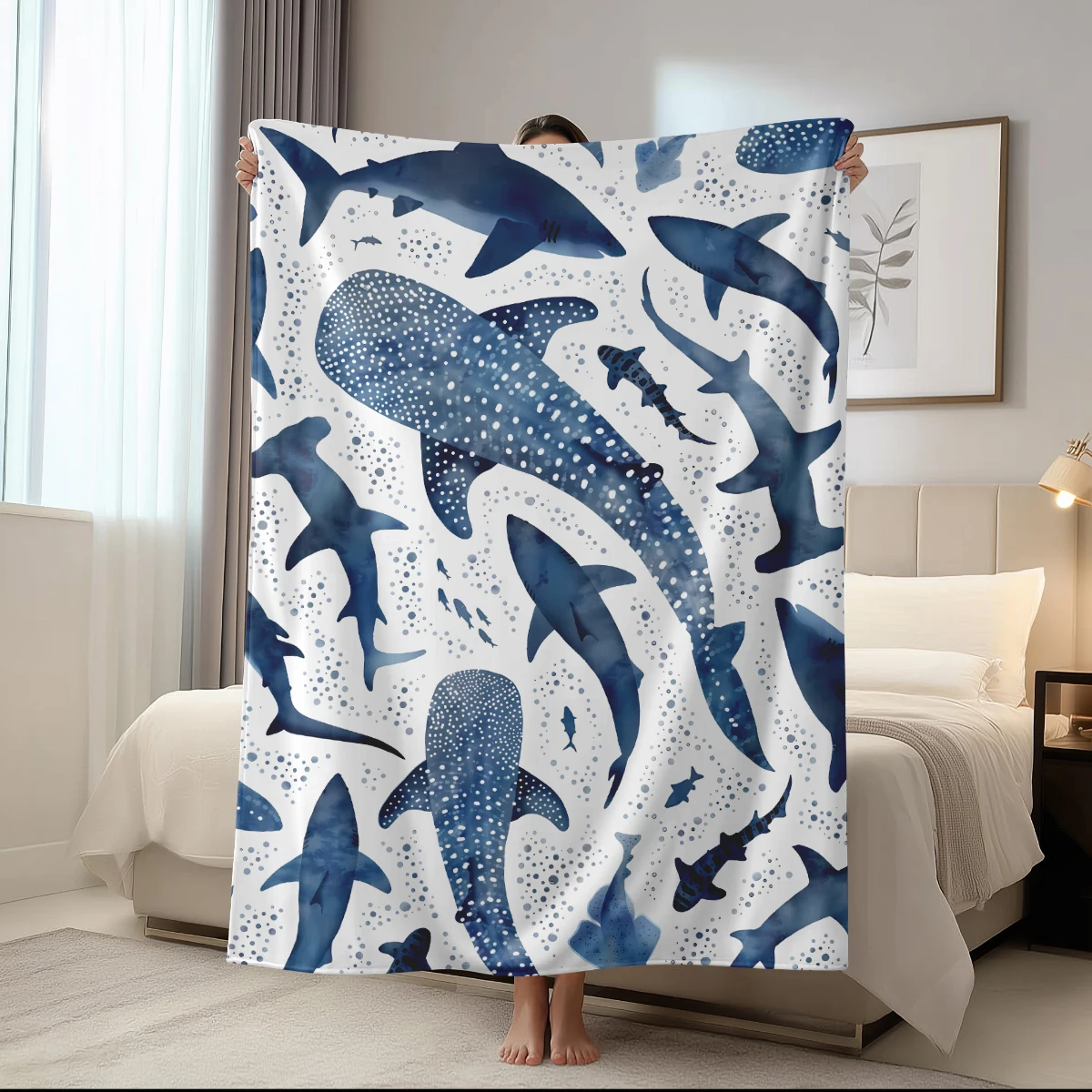 1pc shark print nap blanket, flannel blanket, suitable for sofas, beds, cars, rooms, offices, camping, exquisite gift blankets